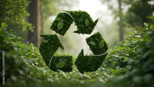 Recycling symbol made of green leaves in a lush forest