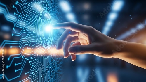 Hand touching glowing digital circuit board interface, futuristic technology concept