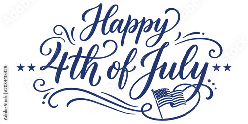 Happy 4th of July calligraphy on white background with decorative stars and quill pen illustration