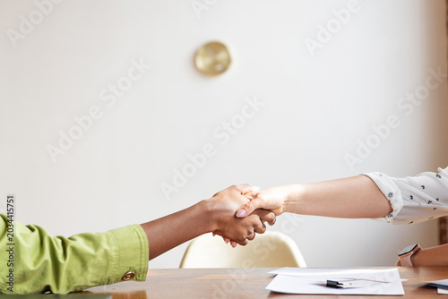 Quadro su tela Diverse businesswomen shaking hands across a meeting table