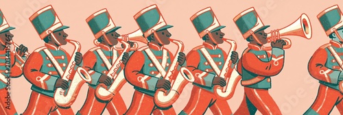 Marching band - group of people walking in unison with matching outfits playing musical instruments - 2D animation cartoon