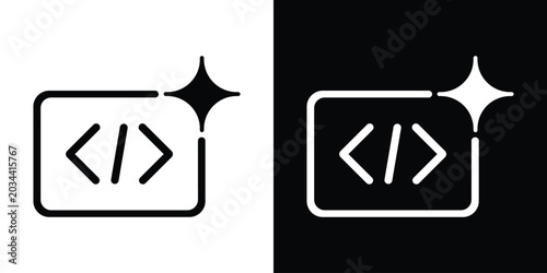 Photos Coding syntax brackets icon enclosed in a frame with a sparkle star, symbolizing clean code, smart programming, or AI code generation