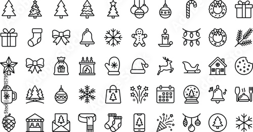 Christmas Tree and Holiday Decoration Minimal Line Icons Collection – Winter Outline Vector Set