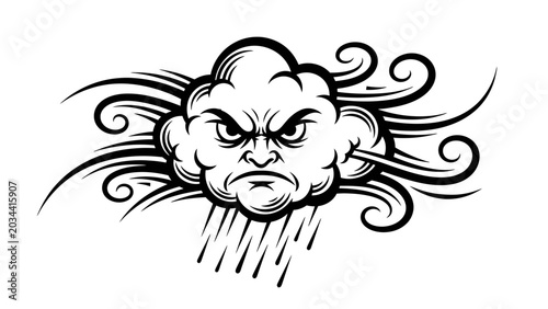 Tablou pe pânză An angry storm cloud with a fierce face, surrounded by swirling winds and heavy rain, depicted in a black and white graphic style