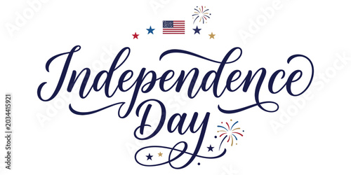 Hand-drawn Independence Day typography featuring a USA flag and festive sparkles on a clean white background