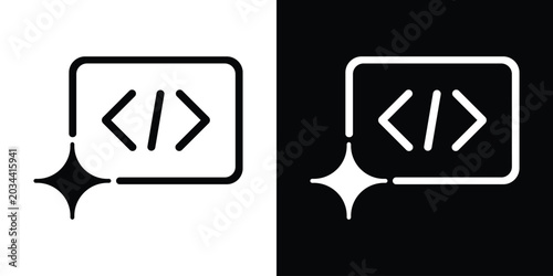Fényképezés Coding syntax brackets icon enclosed in a frame with a sparkle star, symbolizing clean code, smart programming, or AI code generation