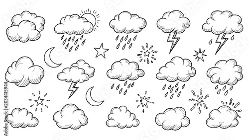 Tablou pe pânză A collection of hand-drawn weather icons, including clouds, rain, sun, lightning, and stars, presented in a sketch style