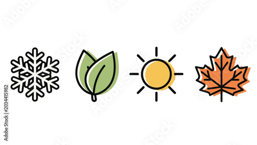 Schilderij op canvas Four distinct icons representing the four seasons: a snowflake for winter, leaves for spring, a sun for summer, and a maple leaf for autumn