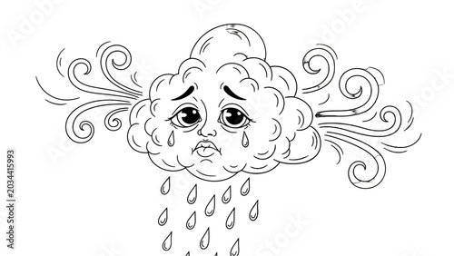 Photography A sad, crying cloud with tears falling as rain, buffeted by strong winds on both sides, depicted in a black and white line drawing style