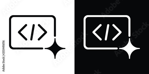 Tableau sur toile Coding syntax brackets icon enclosed in a frame with a sparkle star, symbolizing clean code, smart programming, or AI code generation