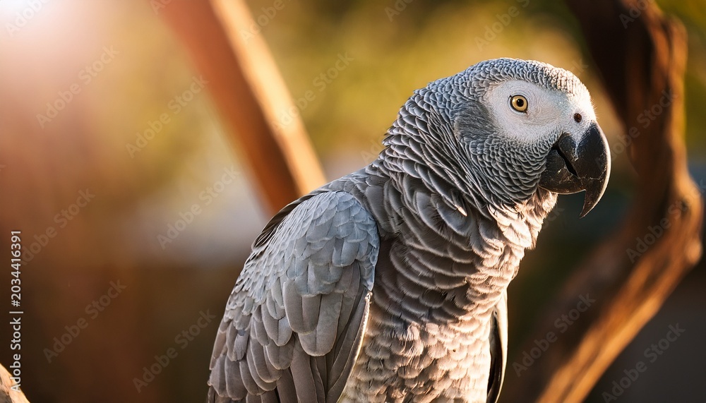 Obraz premium A Gray Parrot Perches On A Tree Branch Illuminated By Soft Sunlight