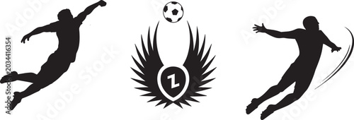 Obraz na plátně Soccer player silhouette in mid-air jump kicking ball and shield logo with wings