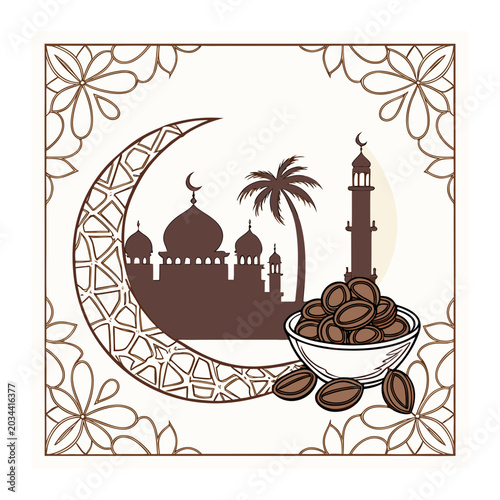 Fotografie Ramadan kareem celebration design with mosque silhouette crescent moon and bowl