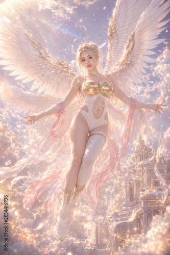 Heavenly Angelic Beauty with Golden Sunset Lighting and Glowing Wings in Epic Fantasy Artwork
