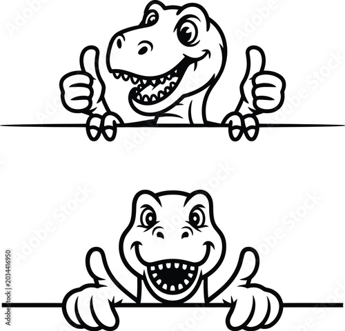 Fotografie Two cartoon dinosaurs giving thumbs up gesture behind a dividing line with thumb
