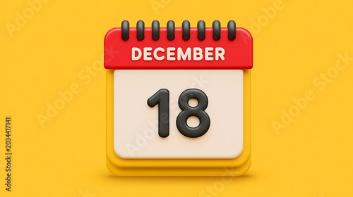 3D calendar icon for December 18th isolated on yellow background