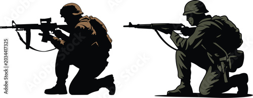 Tableau sur toile Two soldiers in tactical gear kneeling with rifles one in silhouette and the oth