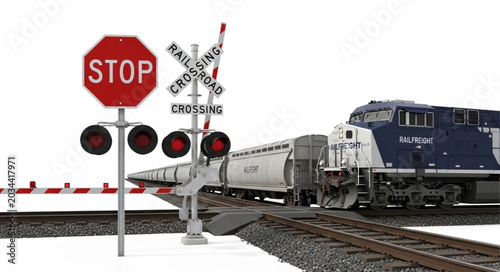 Cuadro en lienzo Train approaching a railroad crossing with stop sign and lights.