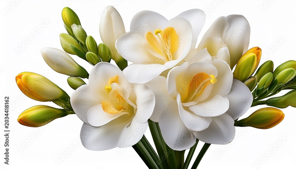 Fototapeta premium Beautiful White Freesia Flowers With Yellow Centers And Buds Isolated On A Transparent Background