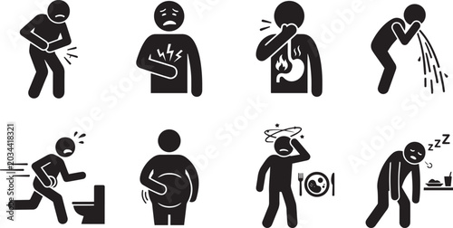 Obraz na płótnie Stomach pain and food poisoning symptoms stickman icons set
