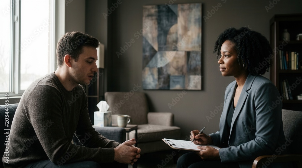 Fototapeta premium Therapist Consulting Patient in a Modern Setting to Discuss Problem Solving
