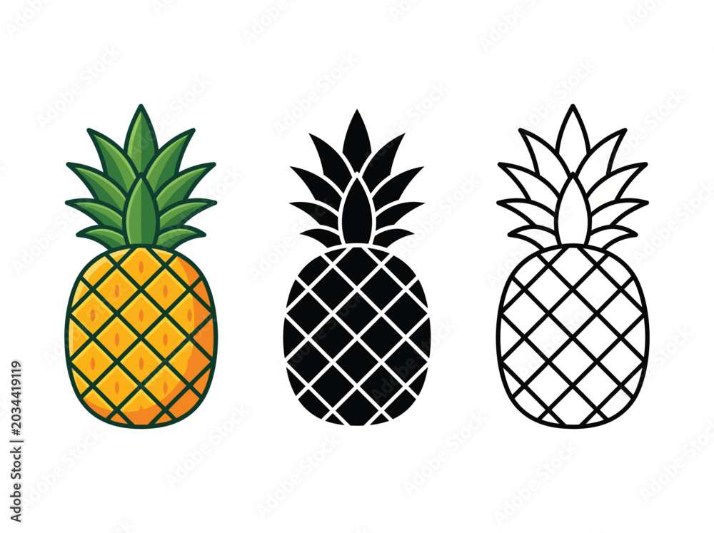 Fototapeta premium Pineapple fruit icons in colorful, black and white Vector, illustration