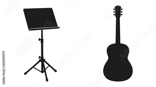 Obraz na plátně Music Stand And Acoustic Guitar Silhouettes On White Background