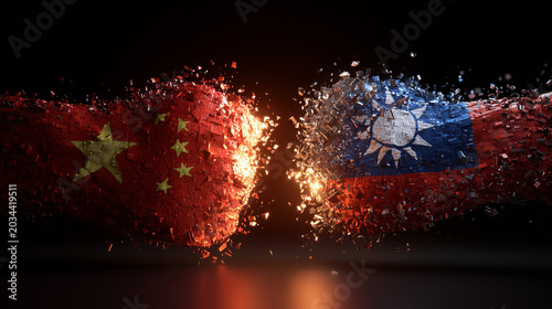 Shattering Fists with China and Taiwan Flags Clashing in Explosive Combat.
