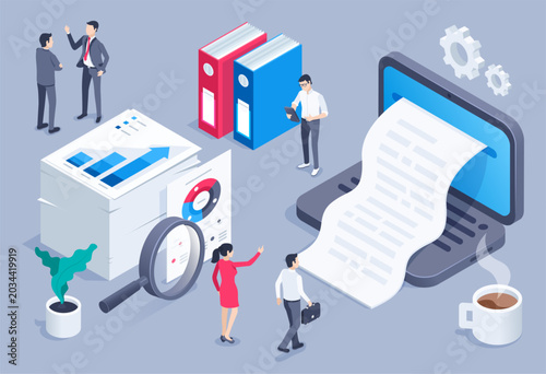 isometric vector image on a gray background, a woman and man stands in front of a laptop from the screen of which a paper document comes out, folders  and papers, paperwork