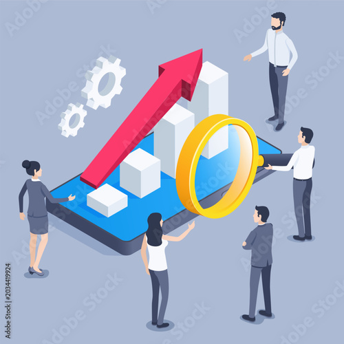 Isometric vector business people near a chart on a smartphone screen and a large magnifying glass on a gray background, successful financial indicators