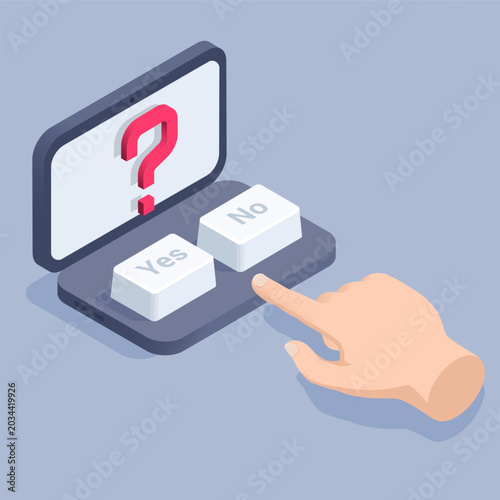 isometric vector image on a gray background, buttons yes and laptop with question and hand, make a choice, yes or no decision