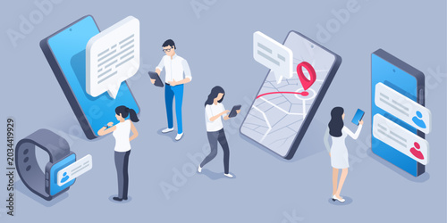 Isometric vector people with smartphones and smart watches reading or writing messages, illustration on a gray background, people and gadgets