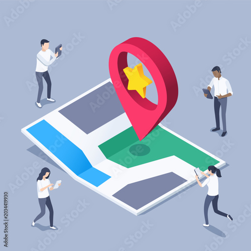 isometric vector image on a gray background, map icon with a location icon and people with smartphones