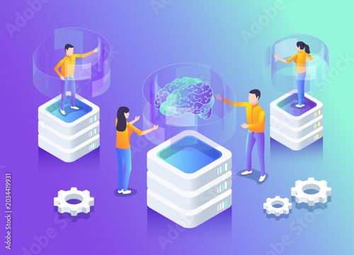 isometric vector image on the neon background, innovative AI communication technologies and a data bank, a man and a woman are working with a data server