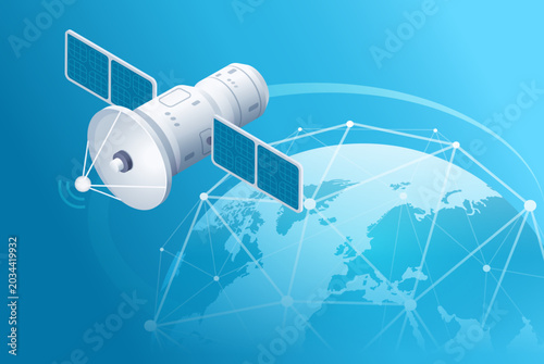 isometric vector illustration on a blue background, a satellite flies in orbit around the globe on the surface of which dots glow, geolocation or signal coverage