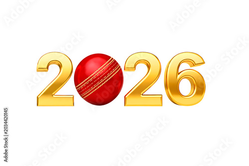 Golden 2026 number with red cricket ball zero isolated on transparent background luxury sport new year concept 3d render
