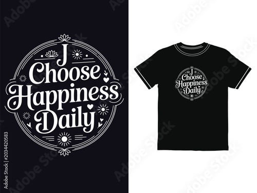 Minimalist graphic t shirt design with the encouraging phrase I choose happiness daily inside circular frame