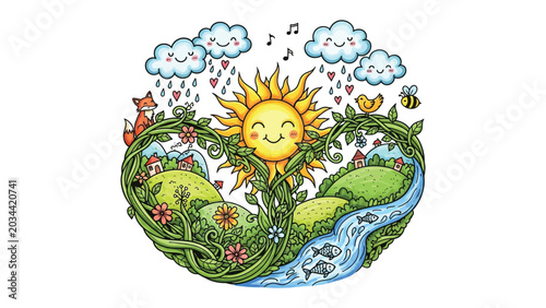 Happy sun smiling over green hills river cute village