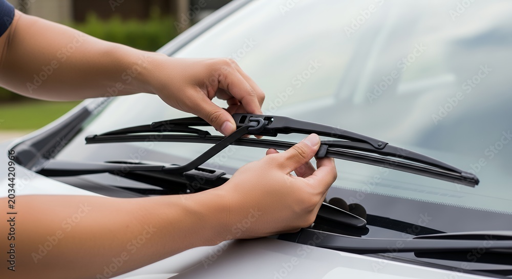 Naklejka premium Hand installing windshield wiper blade on car during maintenance outdoors bright day