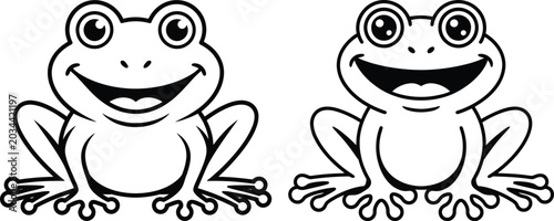 Bild auf Leinwand Two smiling cartoon frogs sitting one with a simple outline and the other with f