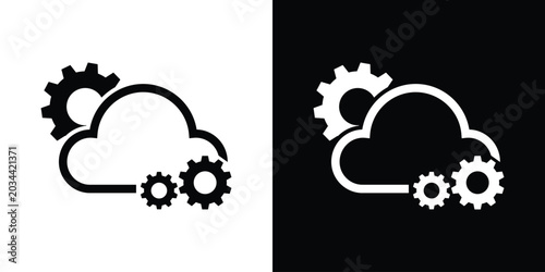 Konstfotografi Cloud engineering icon featuring an outline of a cloud surrounded by mechanical gears, representing data processing, system automation, and setup