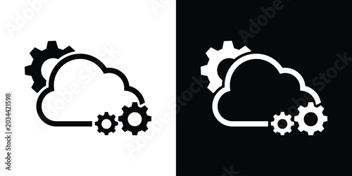 Billede på lærred Cloud engineering icon featuring an outline of a cloud surrounded by mechanical gears, representing data processing, system automation, and setup