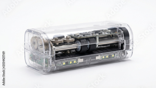 Transparent electronic device displaying internal mechanisms against white background
