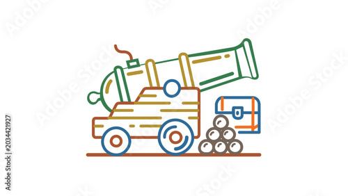 Seafaring artillery on a timber mount alongside iron projectiles and a loot box, versatile linear graphic with variable border density and adaptable path thickness for battle.