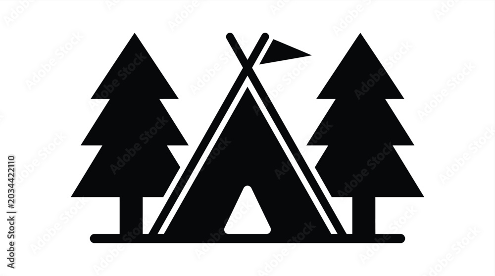 Fototapeta premium Camping Tent And Pine Trees Silhouette On White Background