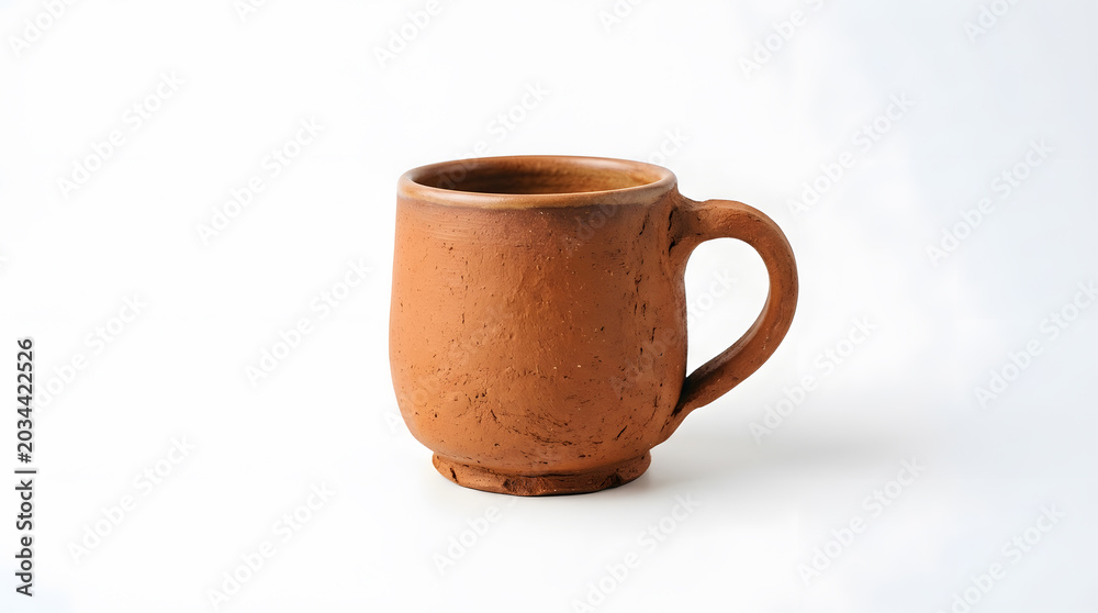 Fototapeta premium Close up view of a handcrafted rustic terracotta pottery mug isolated against a clean minimal white backdrop