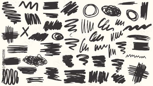 Collection of Hand Drawn Scribble Brush Strokes and Shapes on Cream Background Keywords: scribble, brush stroke, hand