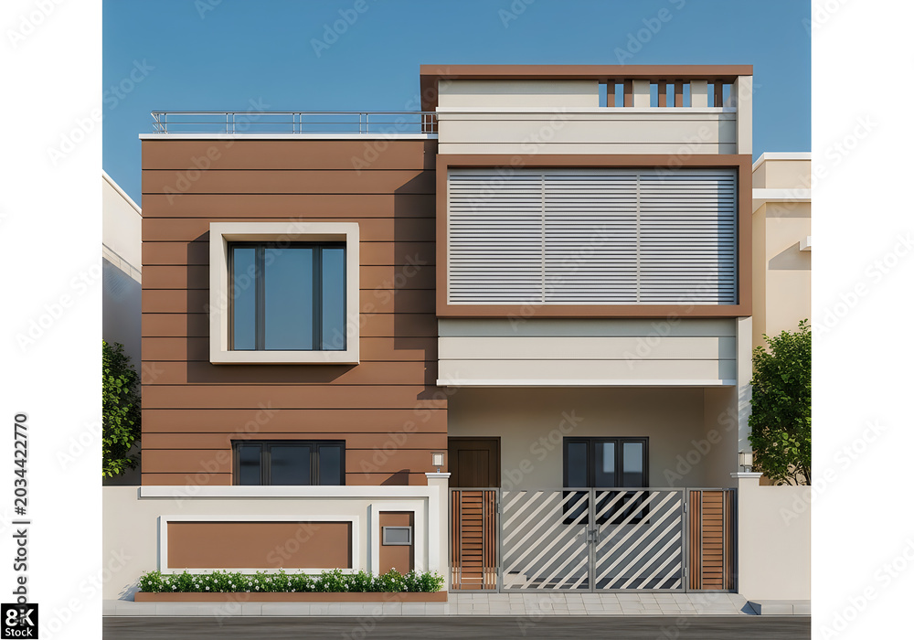 Fototapeta premium Modern twostory house with brown and beige exterior and metal gate