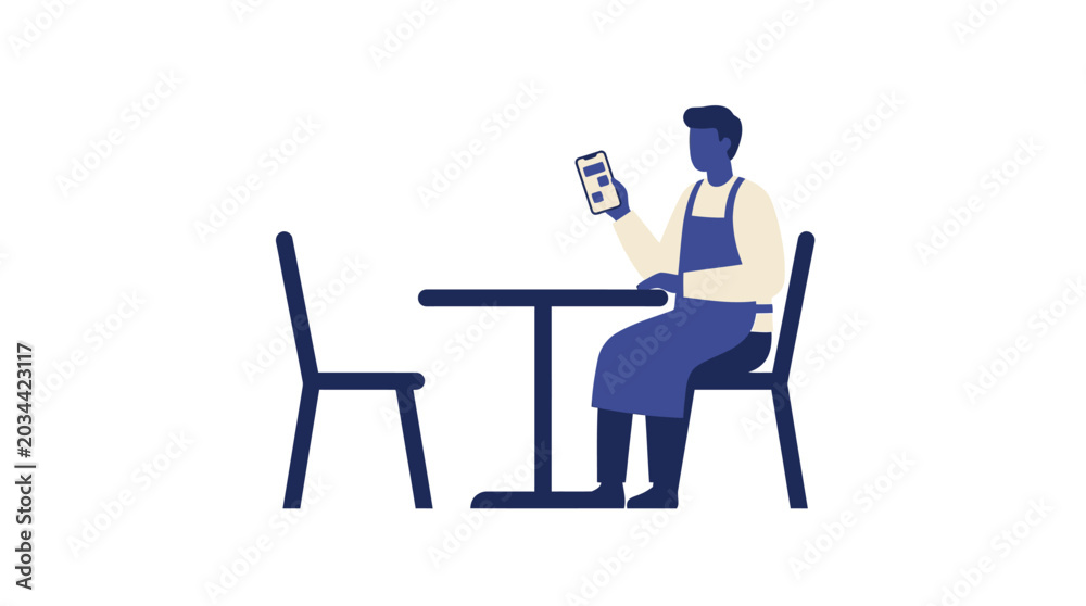 Fototapeta premium Man in apron sitting at table with chairs, holding a drink with condensation, cafe or restaurant scene, relaxed atmosphere