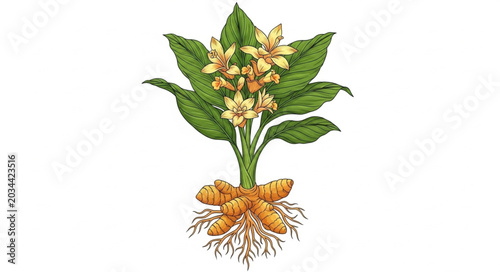 Quadro su tela Turmeric plant with rhizomes and flowers illustration.